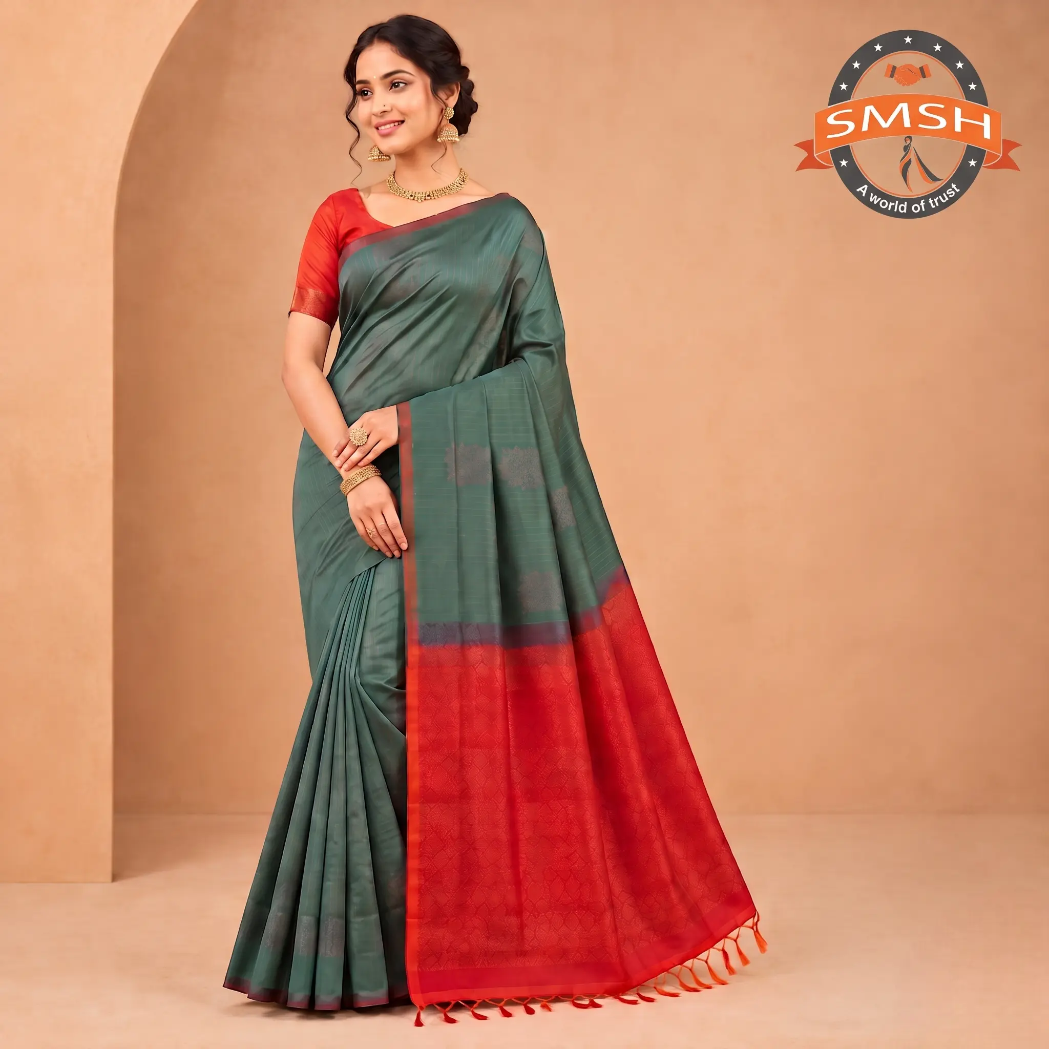 Green Red Heavy Butta Silk Saree